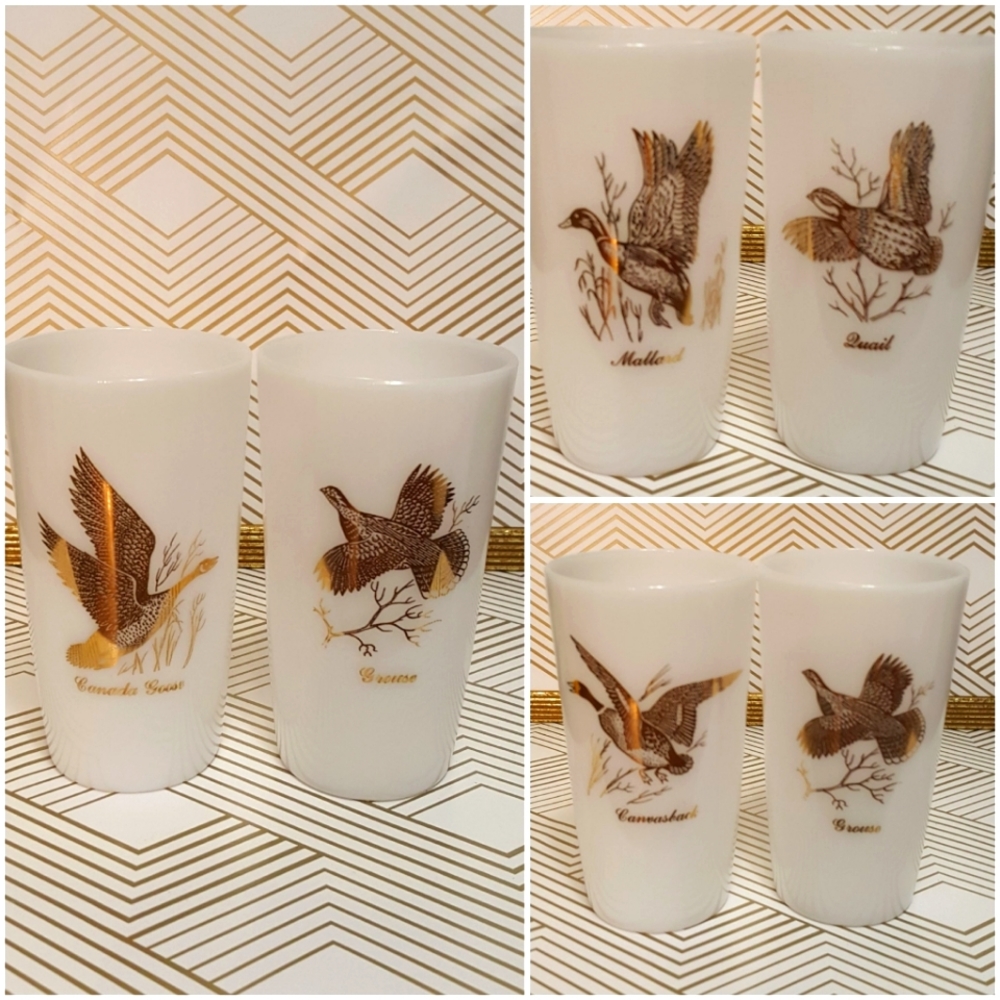 Vintage Federal Milk Glass 22 carat Gold Game Bird Glasses